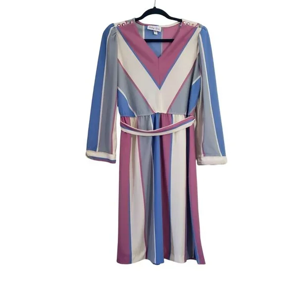 Vintage 70s Sallys Girl Striped Long Sleeve Dress Size 12 Retro Mod Boho Gla - Picture 1 of 14